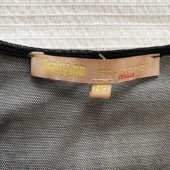 BABYLON COLLECTION CREAM BLACK CINCHED RUFFLE SHEER MESH MIDI FORMAL DRESS - L - Picture 6 of 10